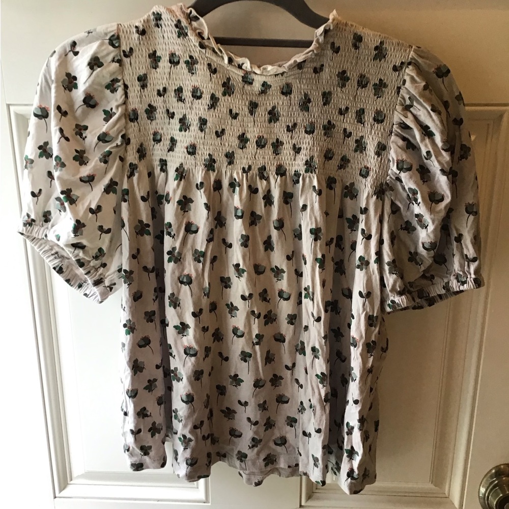 Loft, short sleeve blouse, small green flowers. Size Large.